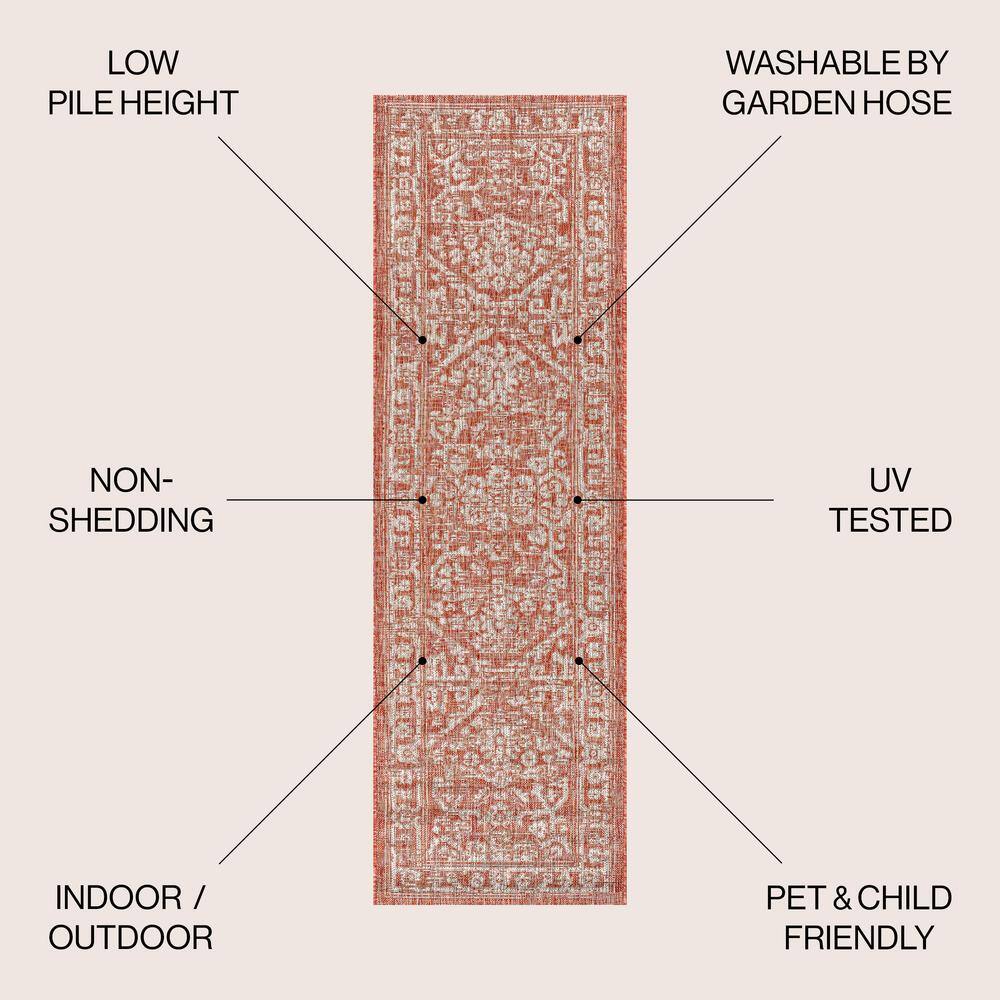 Red and Taupe Medallion Flatweave Indoor/Outdoor Runner Rug