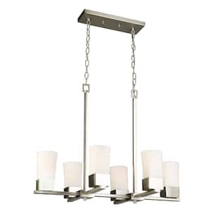 Ciara Springs 28 in. W x 22.63 in. H 6-Light Brushed Nickel Linear Chandelier with Frosted Glass Shades