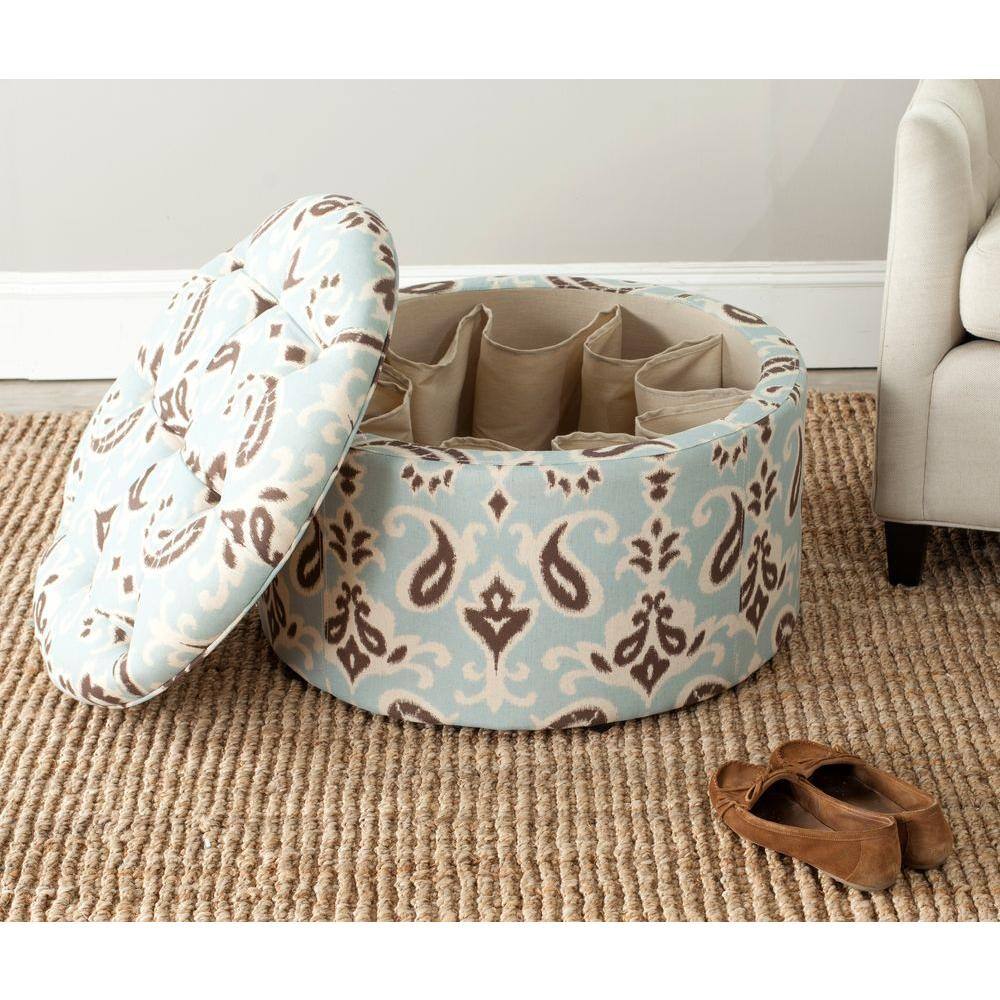Tanisha Blue and Beige Round Tufted Storage Ottoman
