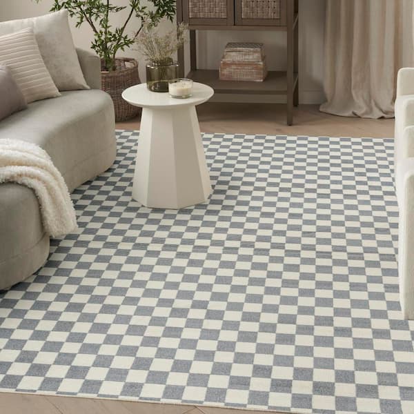 Serenity Home Ivory Blue 9 ft. x 12 ft. Checker Contemporary Area Rug