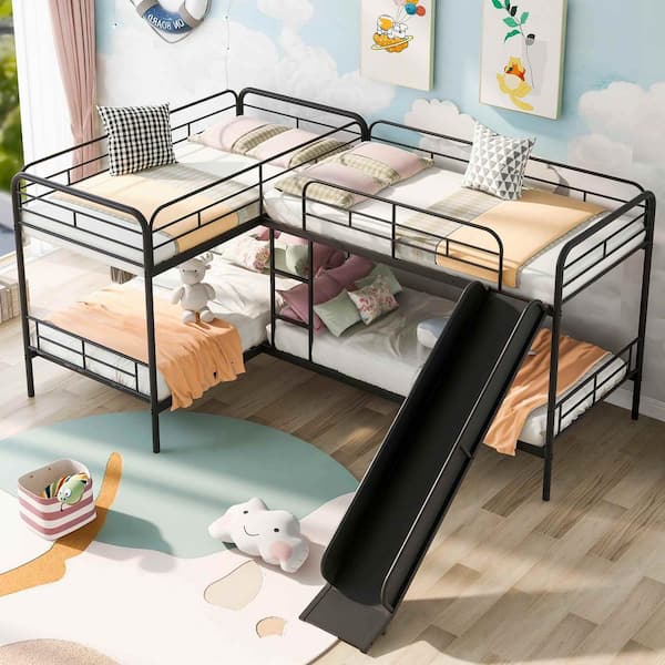 Polibi Black Twin Size L-Shaped Bunk Bed with Slide and Ladder