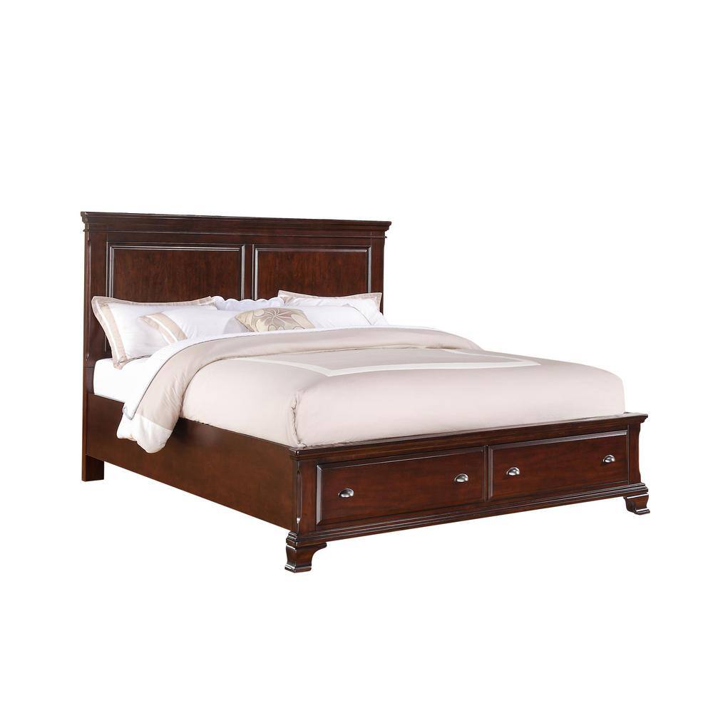 Traditional King-Sized Pine Wood Storage Bed with Upholstered Headboard in Brown