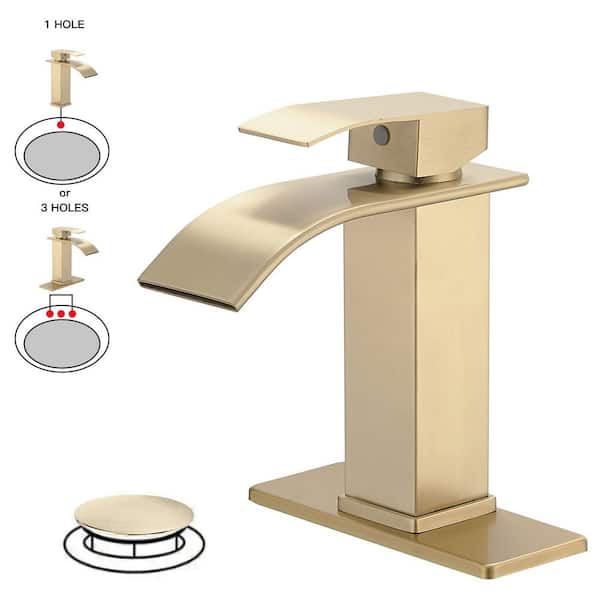 BWE Waterfall Single Handle Single Hole Low-Arc Bathroom Faucet Bathroom With Drain Assembly Drip-Free in Brushed Gold