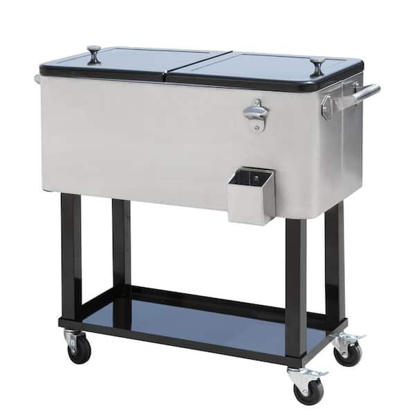 80 qt. rolling Cooler, Portable Cooling Bins Ice Chest on Wheels Outdoor Stand Up Drink Cooler Cart for Party-Sliver