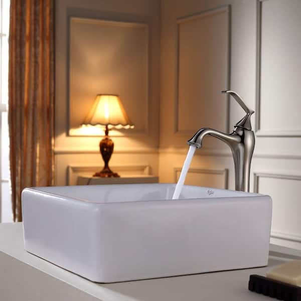 KRAUS Elavo 15 in. Square Vessel Bathroom Sink in White Vitreous China with Pop Up Drain in Satin Nickel