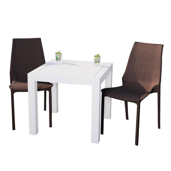 Leisuremod Kent White and Brown 3-Piece Plastic Square Outdoor Dining Set
