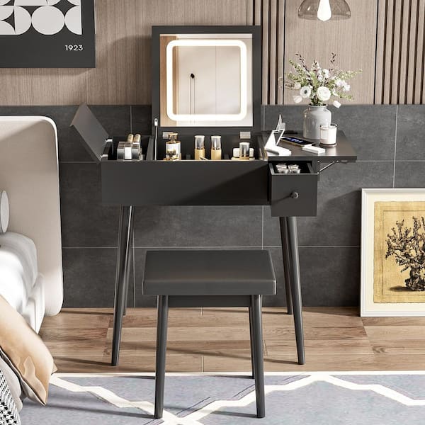 Black 15.83 in. W Makeup Vanity with 2 Drawers, Dresser with Flip Top Mirror and Fold-up Panel