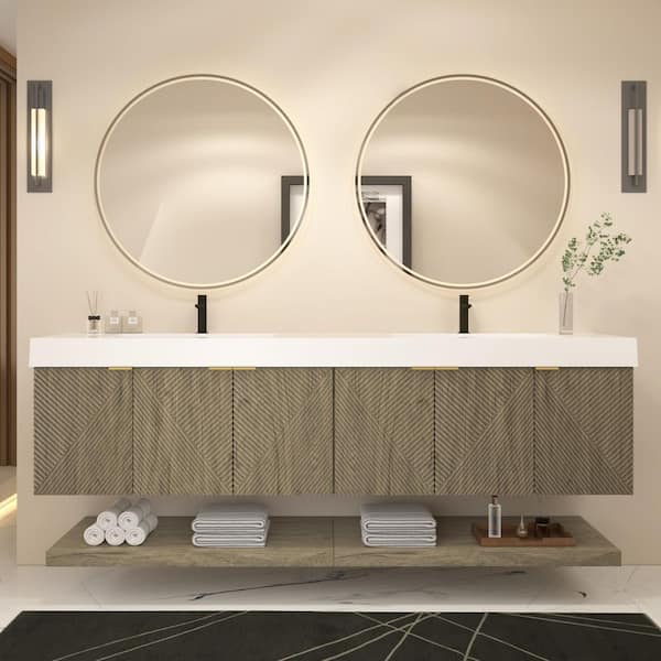 Stella 84 in. W x 20 in. D x 22 in. H Double Sink White Oak Bath Vanity with White Acrylic Top Floating Lower Shelf