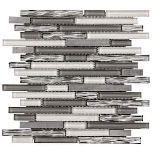 Waves of Grey/Silver 11.875 in. x 11.375 in. Interlocking Glossy Glass/Metal Mosaic Tile (9.38 sq. ft. /Case)