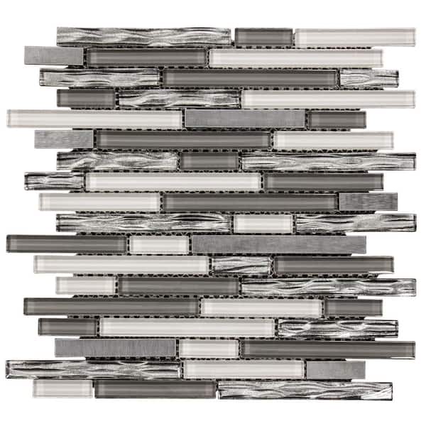Waves of Grey/Silver 11.875 in. x 11.375 in. Interlocking Glossy Glass/Metal Mosaic Tile (9.38 sq. ft. /Case)