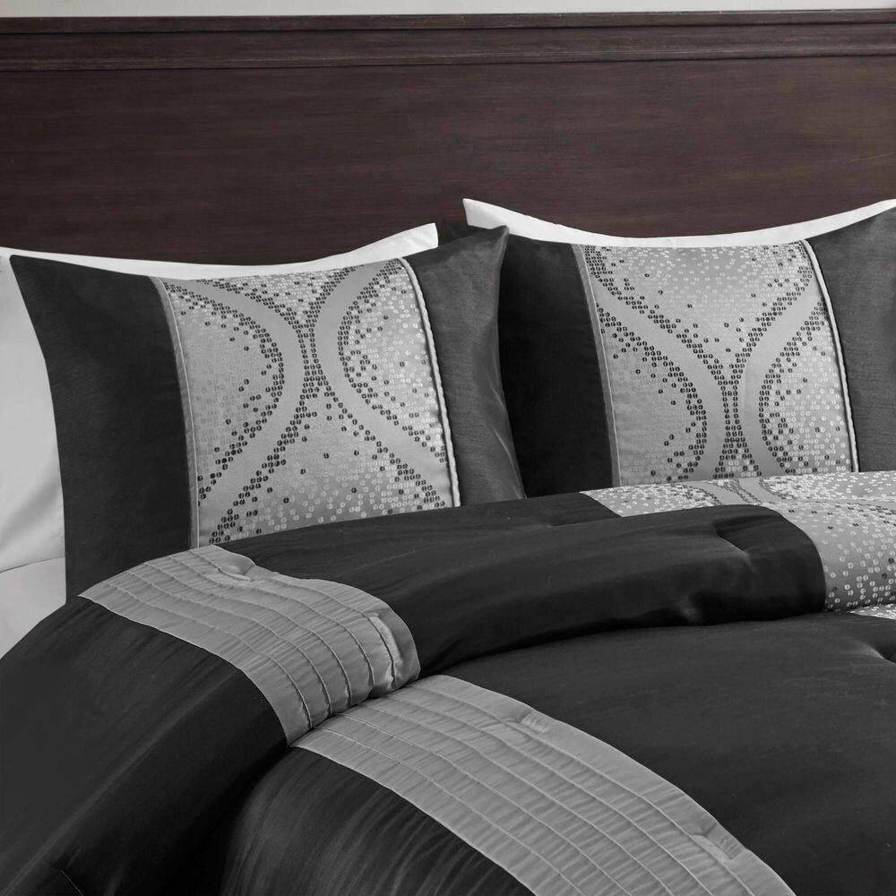 Black and Silver Full Microfiber Jacquard Comforter Set