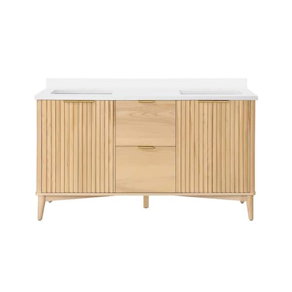 Gabi 60 in. Double Sink Rustic Ash Bath Vanity with White Engineered Stone Top (Assembled)