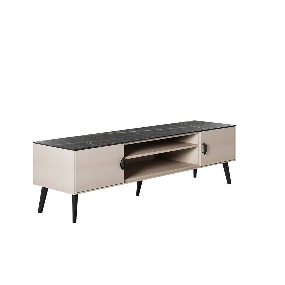 Haley 70.9" White and Black Marble TV Stand with Cabinet