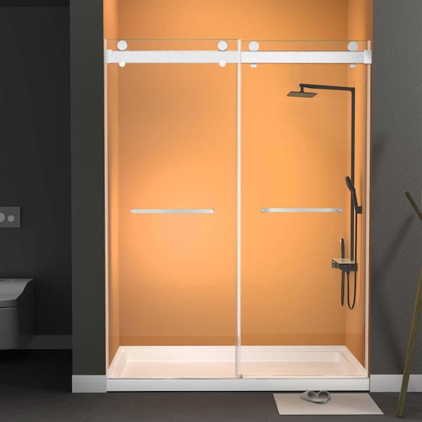 Getpro 72 in. W x 79 in. H Double Sliding Frameless Shower Door in Brushed Nickel with Soft-Closing and 3/8 in. (10 mm) Glass