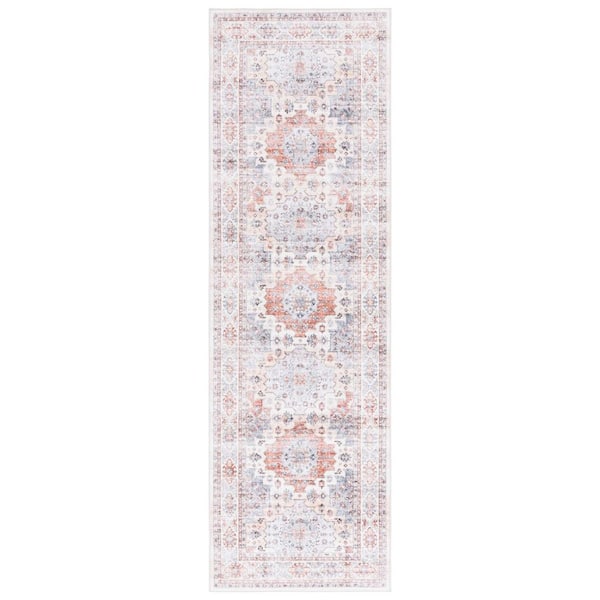 SAFAVIEH Arizona Rust/Light Blue 3 ft. x 8 ft. Distressed Border Ornate Machine Washable Runner Rug