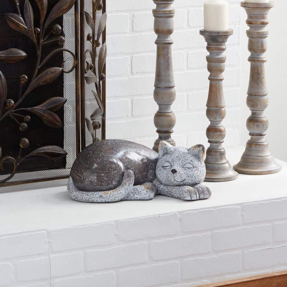 Gray Polystone Resting Cat Garden Sculpture, 15" x 9" x 7"