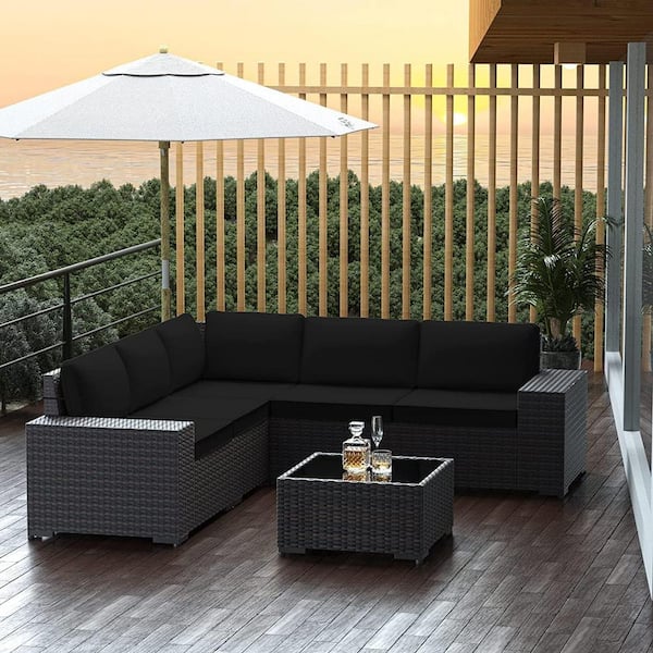 Halmuz 6-Piece Wicker Outdoor Sectional Set with Black Cushion