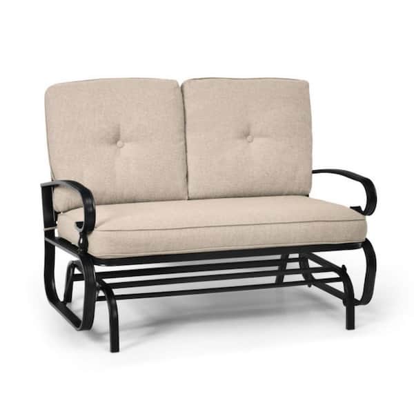 Clihome 2 Seats Metal Outdoor Rocking Chair Patio Swing Glider Chair with Beige Comfortable Cushions