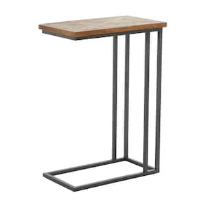 11 in. Black C-Shaped Large Rectangle Wood End Accent Table with Brown Wood Top