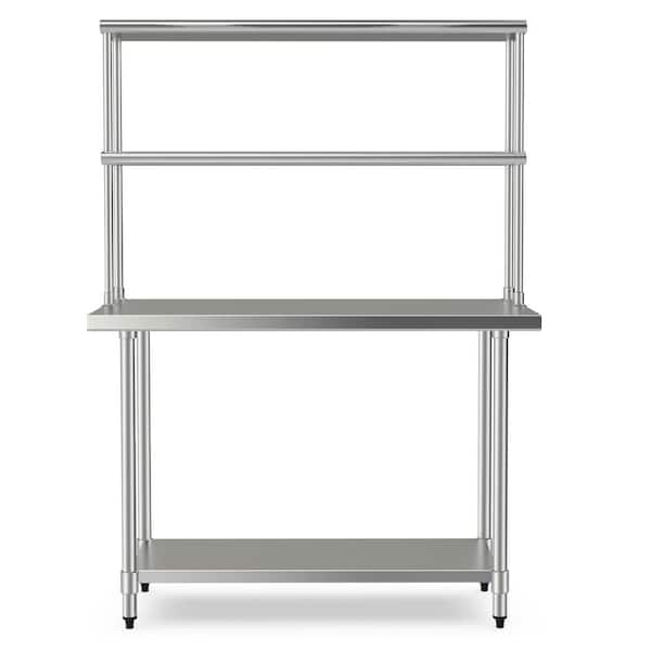 Costway Silver Rectangular Stainless Steel Top 48 in. Kitchen Prep Table with Overshelves