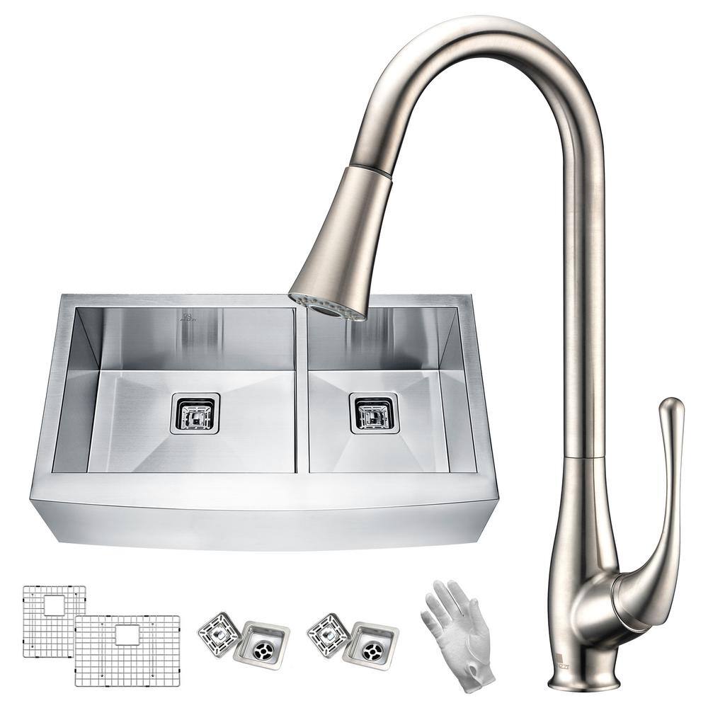 Anzzi Elysian Farmhouse Stainless Steel 36 In 60 40 Double Bowl Kitchen Sink With Faucet In Brushed Nickel Kaz36203as 042 The Home Depot