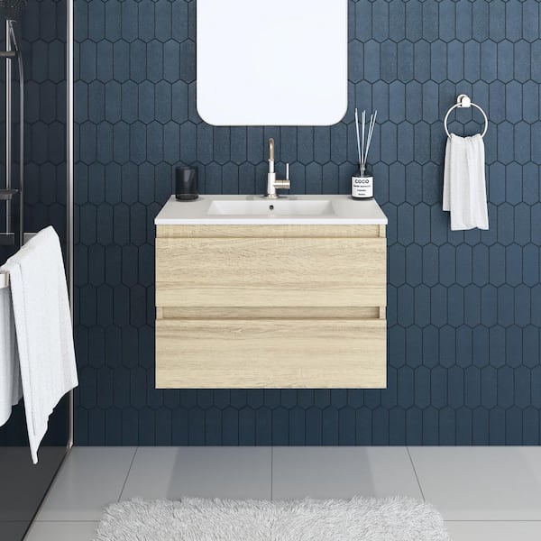 VOLPA USA AMERICAN CRAFTED VANITIES Salt 30 in. W x 18 in. D x 21 in. H Wall-Mounted Floating Bathroom Vanity in White Oak with Ceramic Porcelain Top