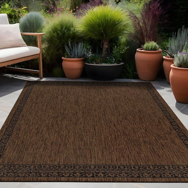 Frame Gold 9 ft. x 12 ft. Geometric Bordered Washable Indoor Outdoor Area Rug