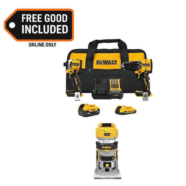 ATOMIC 20-Volt Lithium-Ion Cordless 2-Tool Combo Kit and Brushless Compact Router w/ 5 Ah and 2 Ah Batteries and Charger