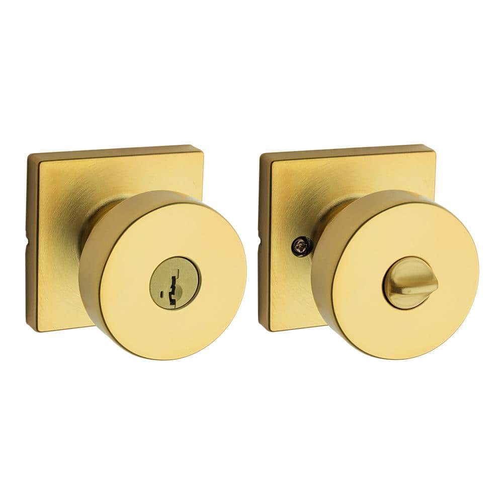 Kwikset Pismo Satin Brass Keyed Entry Square Door Knob featuring