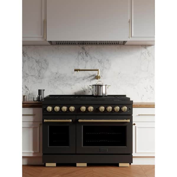 Autograph Edition 48 in. 8-Burner Double Convection Oven Gas Range in Black Stainless Steel and Champagne Bronze