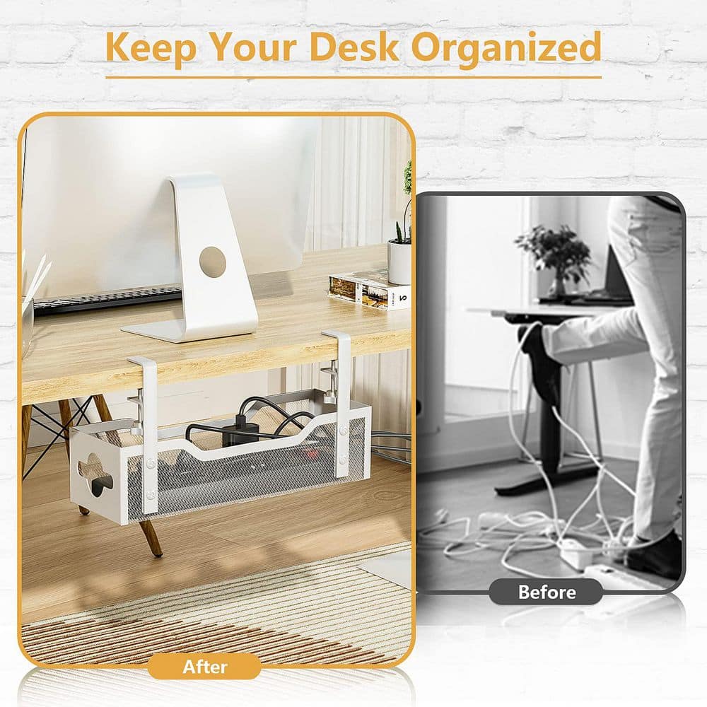 Under Desk Cable Management Tray No Damage Installation Cable Organizer White 1 Pack