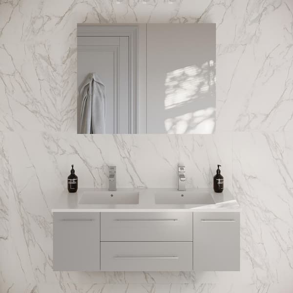 Fresca Lucera 48 in. Double Sink Wall Mount Gray Bath Vanity with White Quartz Top, Undermount Sinks and Medicine Cabinet