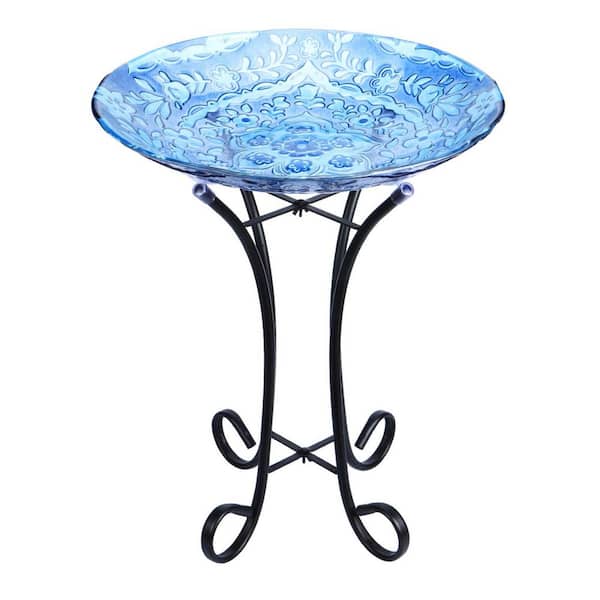 18 in. Dia Outdoor Glass Birdbath with Metal Stand for Lawn Yard Garden Decor-Blue