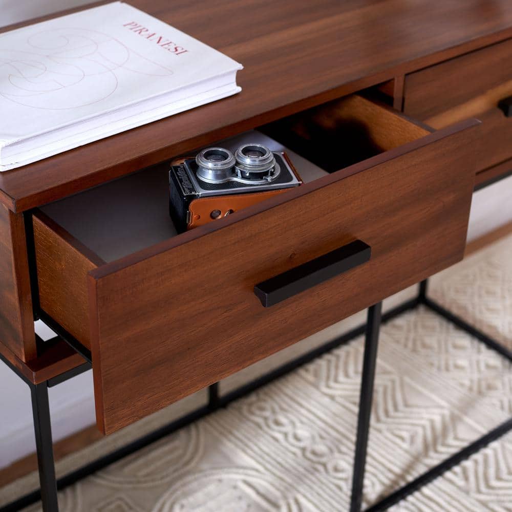 Marquise Brown Mahogany and Black Metal Console Table with Storage