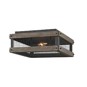 Mercado 3-Light Textured Bronze Flush Mount with Metal Mesh Cover Wood Accent Panels