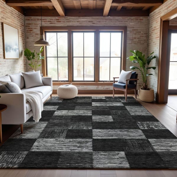 Mayfield Premium Machine Washable Abstract AMF1139 Black 9 ft. x 12 ft. Area Rug