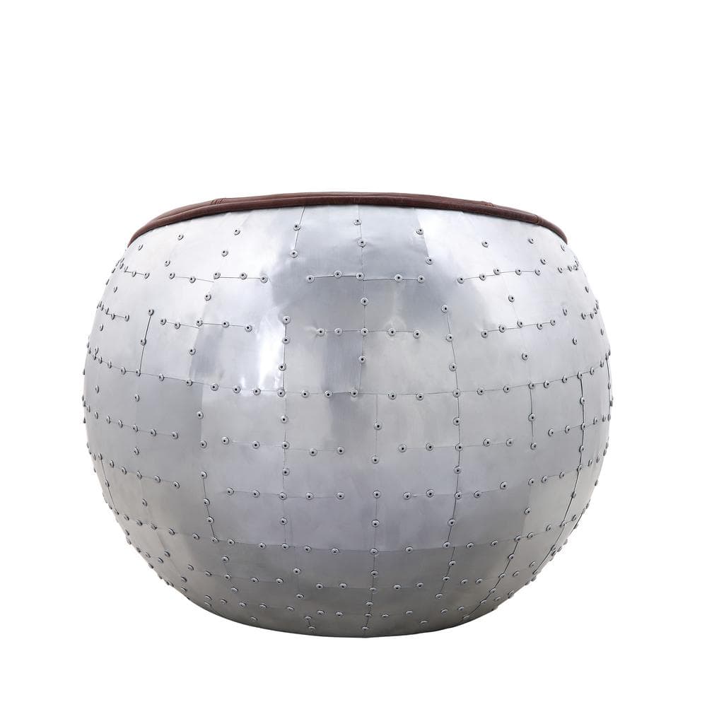 Retro Brown Top Grain Leather and Aluminum Round Ottoman