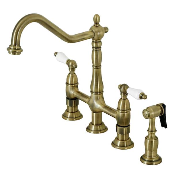 Heritage 2-Handle Bridge Kitchen Faucet in Antique Brass