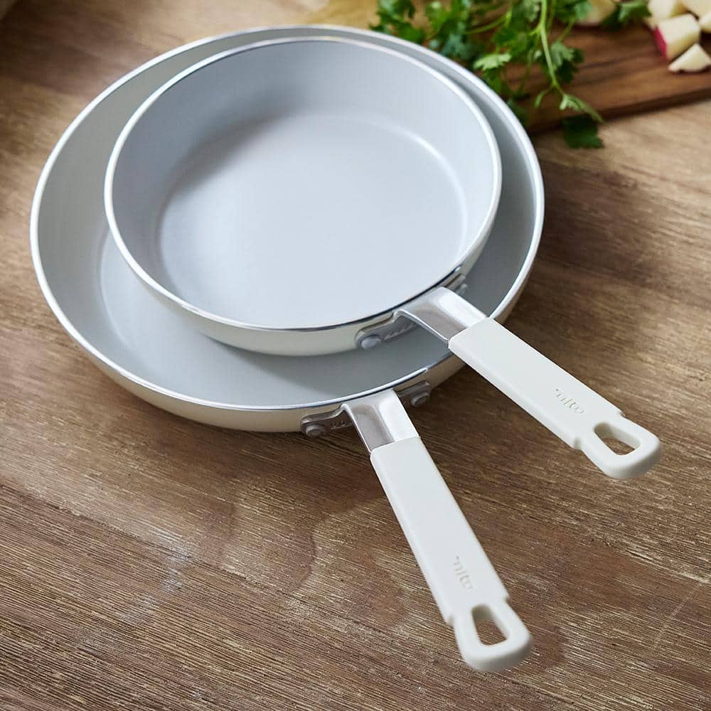 Cream Aluminum Ceramic Nonstick Fry Pan Set with Lids