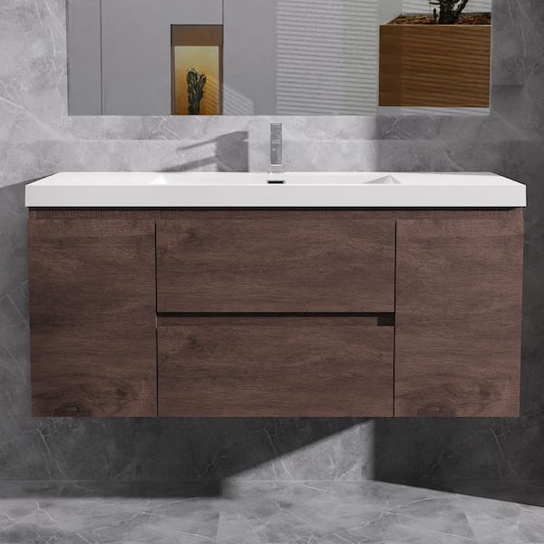 Alice 48 in. W x 20 in. D x 22 in. H Single Floating Bathroom Vanity in Rosewood with Solid Surface Sink Top in White