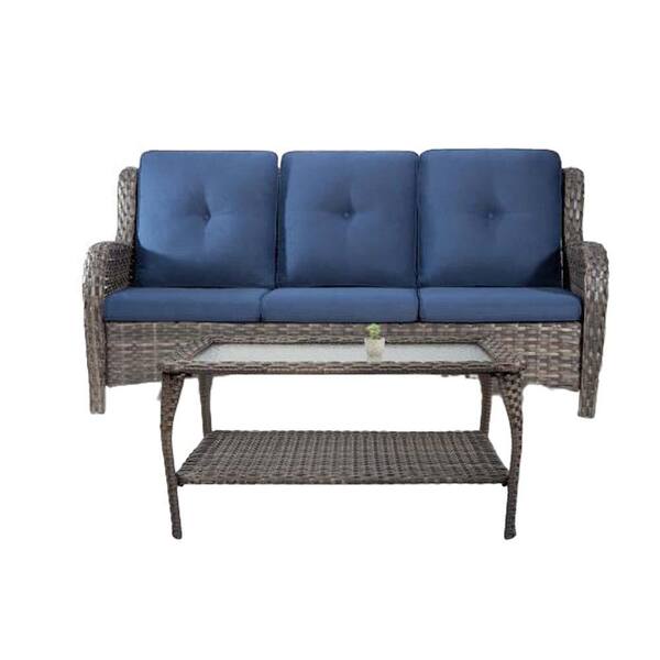 Sudzendf 2-Piece Brown Wicker Patio Conversation Set, Sofa Set and Coffee Table with Blue Cushions