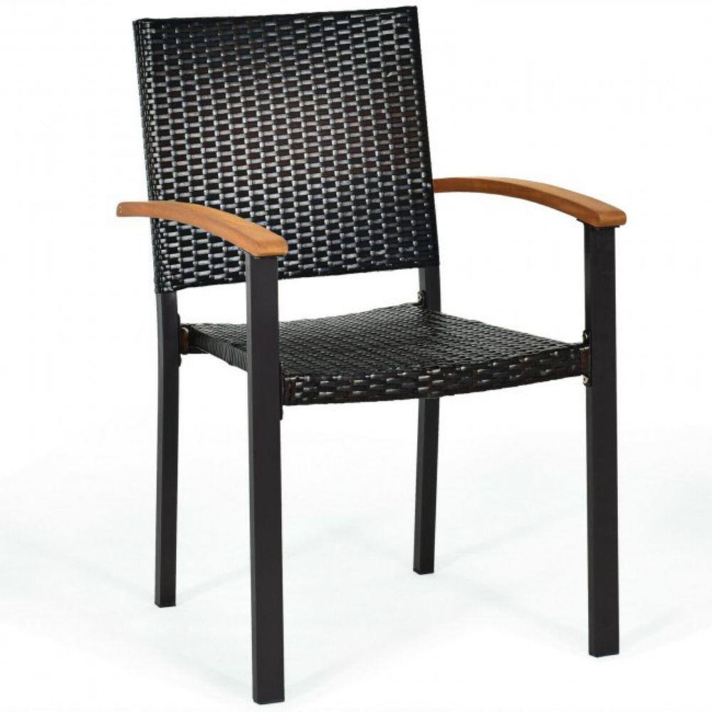 Black Wicker and Acacia Wood Stackable Outdoor Dining Chairs, Set of 4