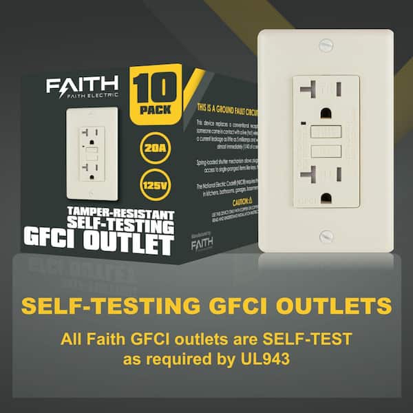 20 Amp 125-Volt GFCI Duplex Outlet, Tamper-Resistant GFI Receptacles with LED Indicator, Light Almond (10-Pack)