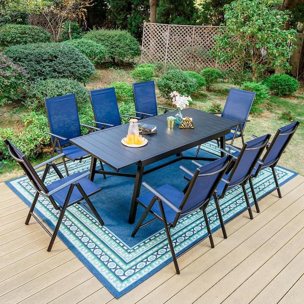 PHI VILLA 9-Piece Metal Outdoor Dining Set with Extensible Rectangular Slat Table and Blue Folding Chairs