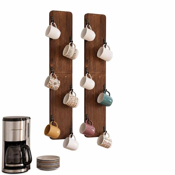 2-Pack Wall-Mounted Solid Wood Coffee Mug Holder Rack 6-Hook Display Shelf for Kitchen Bar Cabinet Mug