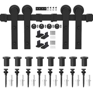 10 ft./120 in. Frosted Black Strap Sliding Barn Door Track Hardware Kit for Double Wood Doors Non-Routed Floor Guide