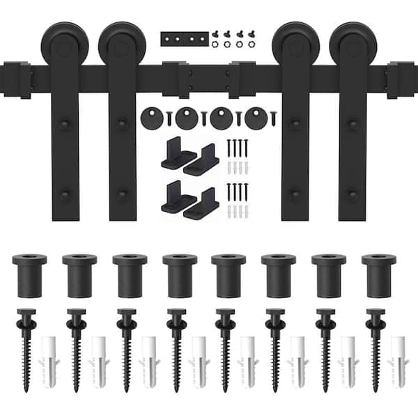 WINSOON 10 ft./120 in. Frosted Black Strap Sliding Barn Door Track Hardware Kit for Double Wood Doors Non-Routed Floor Guide