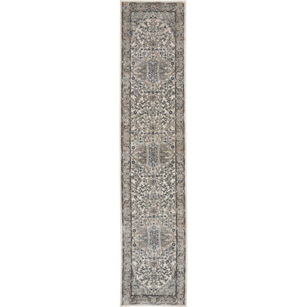 Nourison Concerto Ivory/Grey 2 ft. x 12 ft. Kitchen Runner Area Rug Center medallion Traditional