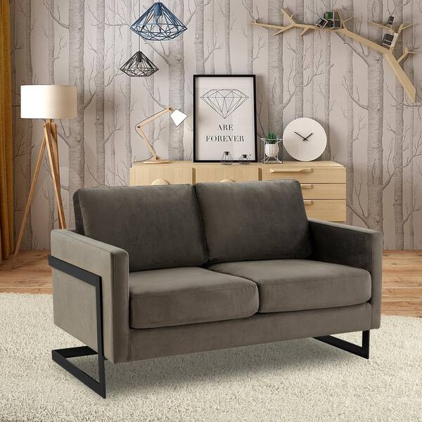 Leisuremod 55 in. Loveseat 2-Seater Sofa in Velvet with Black Stainless Steel Frame and Removable Cushions in Dark Grey