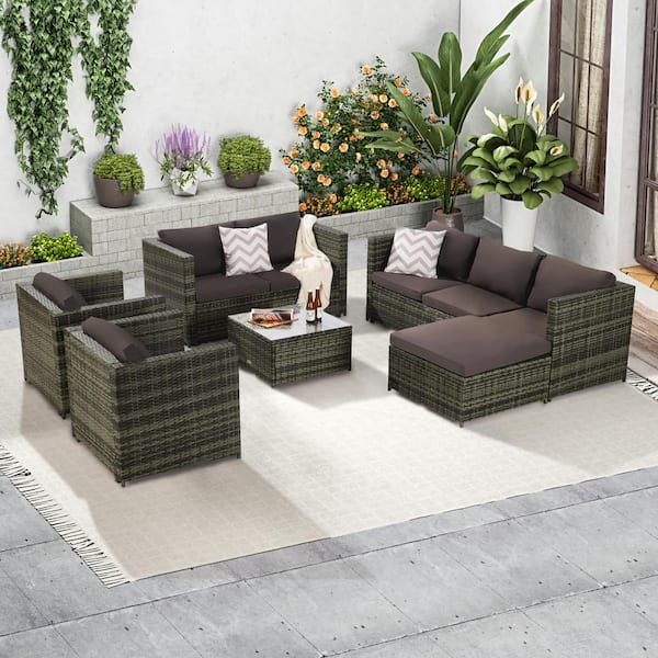 Zeus & Ruta 6-Piece Wicker Outdoor Sectional Set with Gray Cushions and Cofee Table for Courtyard Garden